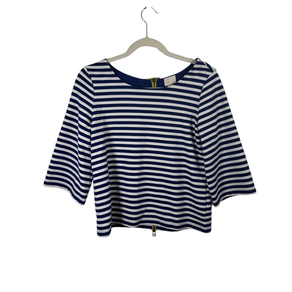 Postmark Anthropologie Blue Striped Zip Back Blouse Nautical Preppy Womens XS